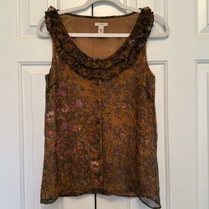 J.Crew floral silk ruffle green brown tank top, green buttons. Size 4